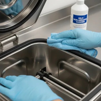 A person wiping down the stainless steel chamber of a vacuum sealer with a soft cloth, focusing on the seal bar and gasket area, with a bottle of mild cleaner nearby. Maintain the clean, professional look of a kitchen environment.