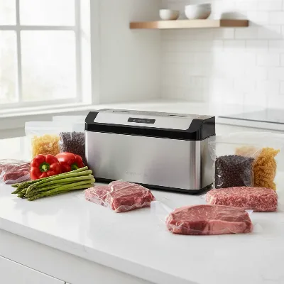 A sparkling clean vacuum sealer with various vacuum-sealed fresh foods like vegetables and meat laid out aesthetically in a modern kitchen setting.