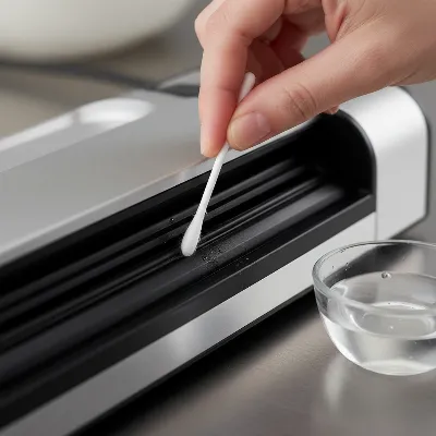 A close-up of a hand using a cotton swab to meticulously clean the gasket of a vacuum sealer with a diluted cleaning solution.
