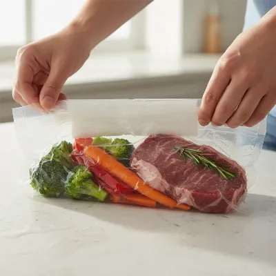 A person demonstrating cuffing a vacuum sealer bag to keep the sealing edge clean while filling food, in a kitchen setting.