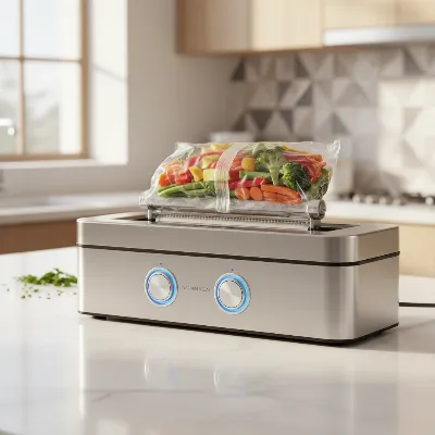 A compact household vacuum sealer on a modern kitchen counter, with food being sealed in a bag, illustrating ease of use and space efficiency.