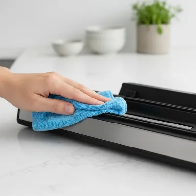 A person cleaning a vacuum sealer gasket with a damp, soft cloth, illustrating proper maintenance for extending the gasket's lifespan