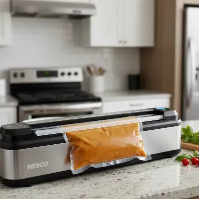 NESCO Deluxe VS-12 Vacuum Sealer with a double sealed bag of soup