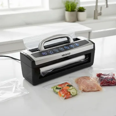 Nesco VS-12 Deluxe Food Vacuum Sealer with bags and cutter visible, showing its key features