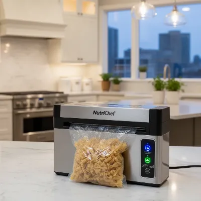 NutriChef Automatic Food Vacuum Sealer sealing a bag of dry food on a kitchen countertop.