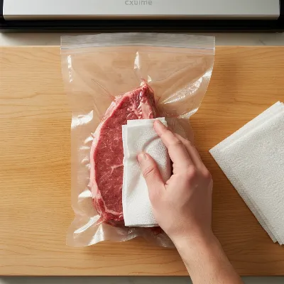 A close-up of sharp food items like bone-in meat being wrapped in a paper towel before being placed in a vacuum sealer bag to prevent punctures, in a domestic kitchen setting.
