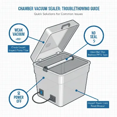 An infographic or diagram showing common vacuum sealer problems like weak seal, no power, and overheating, with simple visual troubleshooting steps and solutions. A clean, illustrative style.