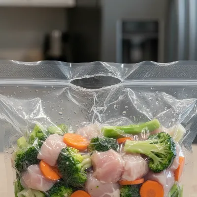 A vacuum sealed bag with visible air leaks or an incomplete seal, demonstrating common issues related to gasket problems and poor vacuuming