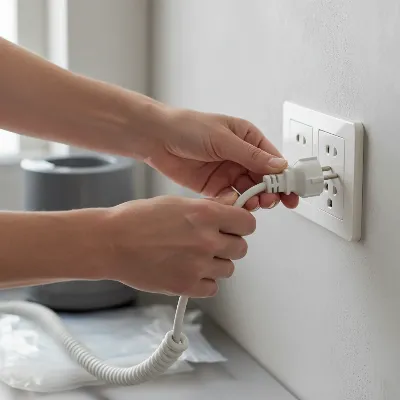 A person's hands safely unplugging a vacuum sealer from a wall outlet before cleaning, emphasizing safety.