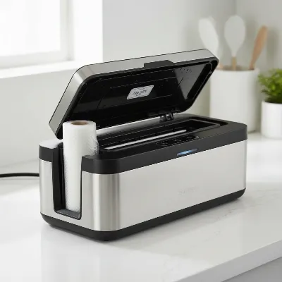 A vacuum sealer sitting on a kitchen counter with its lid slightly ajar, air-drying after cleaning to prevent mold and odors.