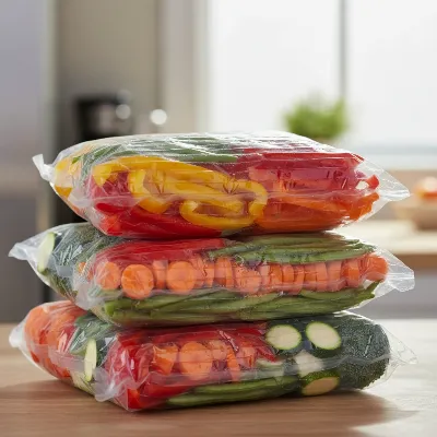 Close-up of clear vacuum sealer bags containing vibrant, fresh, raw vegetables like bell peppers and carrots, stacked neatly for storage.