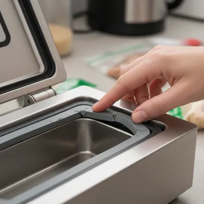 A close-up shot of a hand inspecting the rubber gasket of a vacuum sealer machine, checking for wear or cracks, emphasizing maintenance for a better seal.
