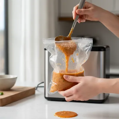 Person preparing liquid for vacuum sealing with an external sealer, showing techniques like freezing.