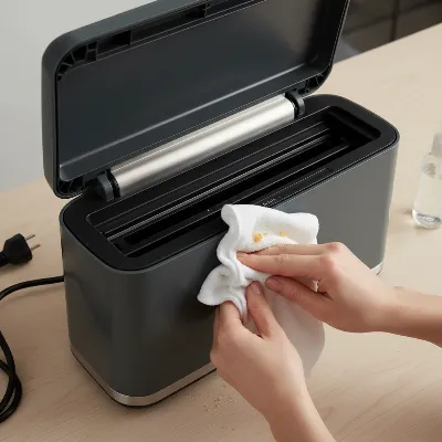 Hands cleaning an external vacuum sealer after use, emphasizing hygiene and proper care.