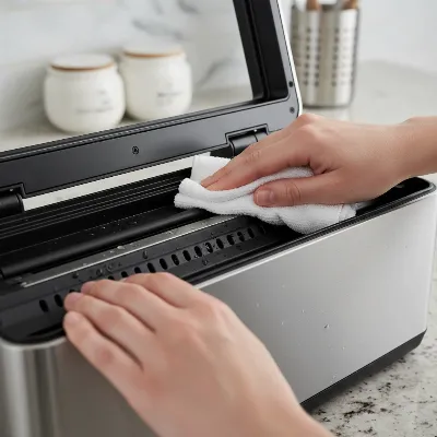 A person carefully wiping down the sealing strip and drip tray of a household vacuum sealer with a cloth, demonstrating essential maintenance steps.