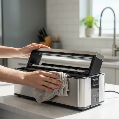 Person cleaning and maintaining a countertop vacuum sealer after use