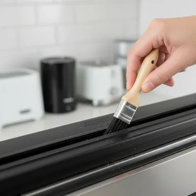Hand holding a small tool to clean a vacuum sealer's gasket, illustrating common troubleshooting.