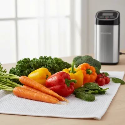 Fresh vegetables being dried on a clean towel, prepared for blanch-free vacuum sealing, with a vacuum sealer visible in the background.