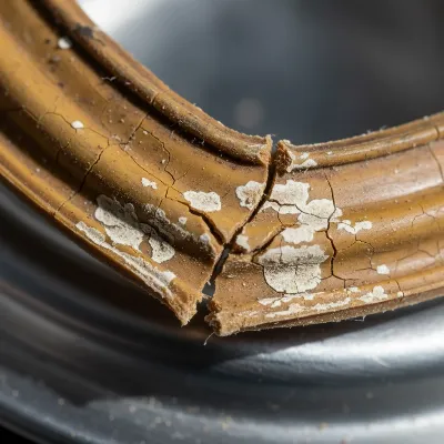 Close-up of a damaged vacuum sealer gasket, showing visible cracks, tears, and hardening, indicating wear and tear that prevents an airtight seal
